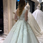 Long A-Line V-neck Appliques Lace Tulle Wedding Dress With Puffy Long Sleeves