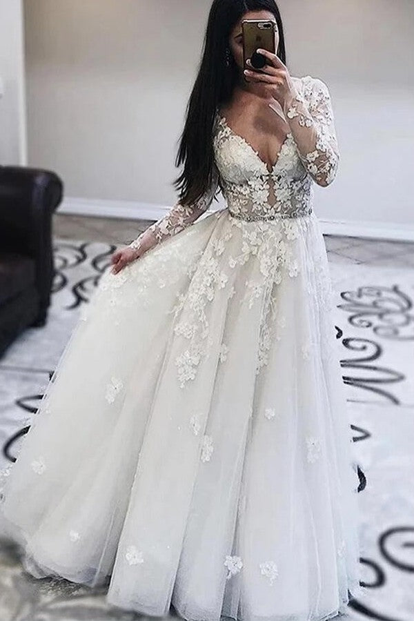 Vestido de novia largo de tul con encaje, apliques y escote en V, corte A y mangas