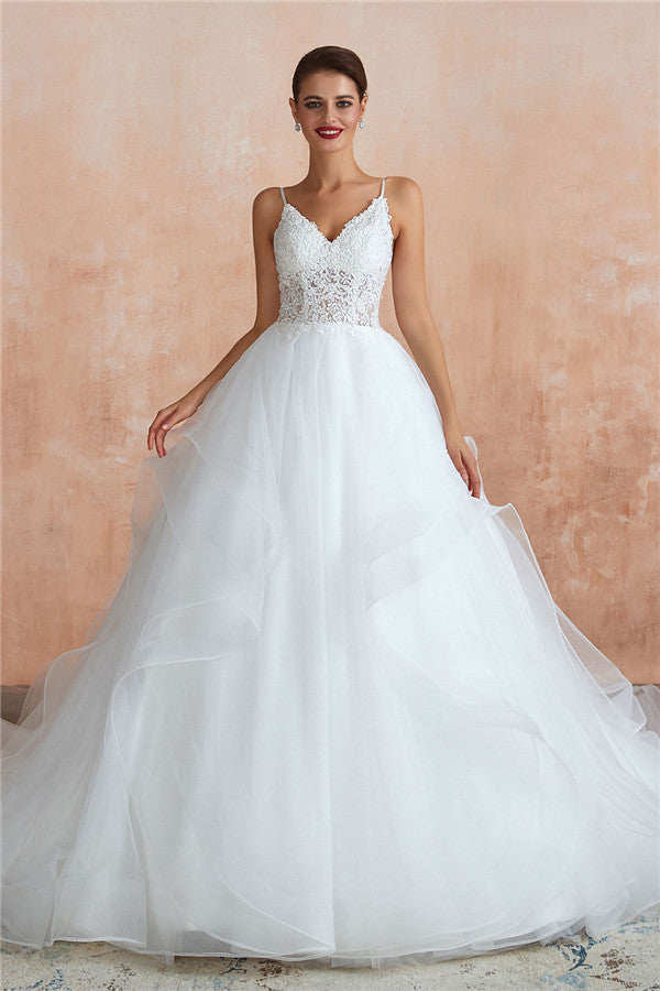 Long A-line V-neck Appliques Tulle Wedding Dress