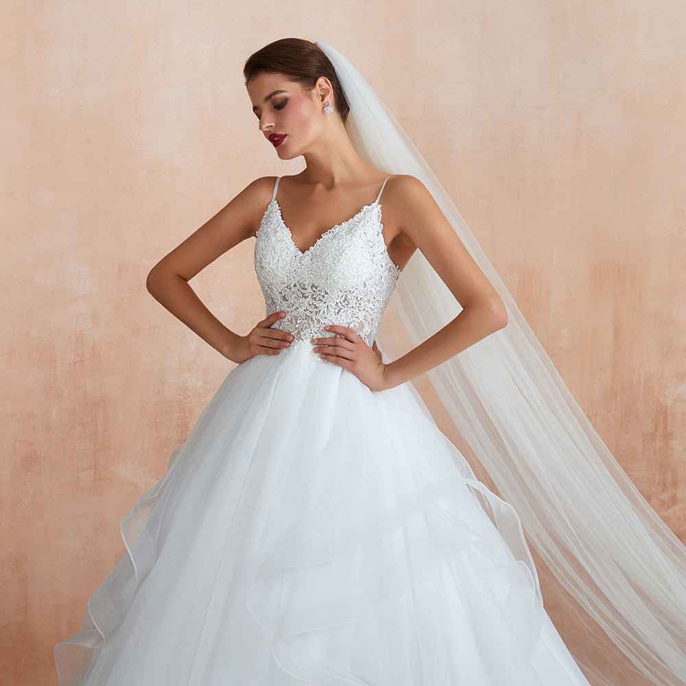 Long A-line V-neck Appliques Tulle Wedding Dress