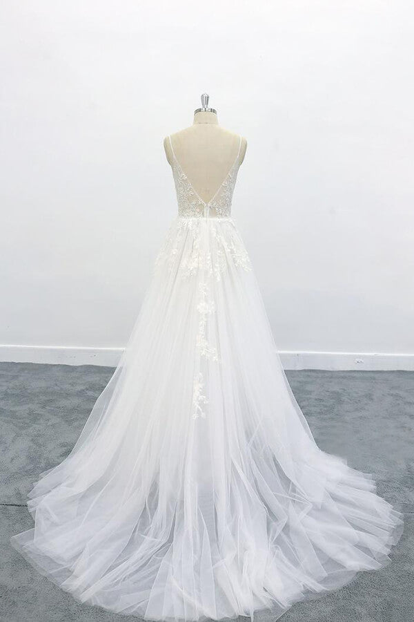 Langes A-Linien-Brautkleid mit V-Ausschnitt und rückenfreiem Spitzen-Tüll