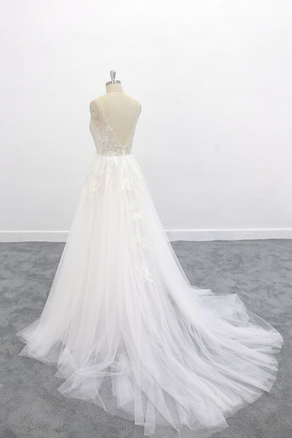 Langes A-Linien-Brautkleid mit V-Ausschnitt und rückenfreiem Spitzen-Tüll