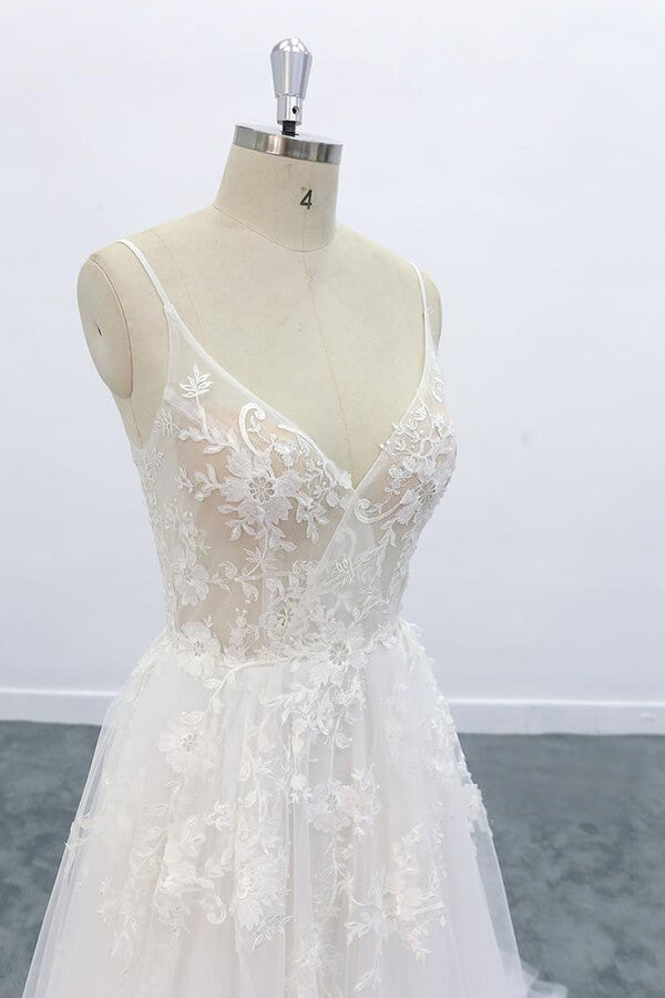 Langes A-Linien-Brautkleid mit V-Ausschnitt und rückenfreiem Spitzen-Tüll