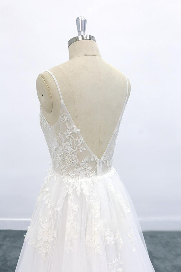 Langes A-Linien-Brautkleid mit V-Ausschnitt und rückenfreiem Spitzen-Tüll