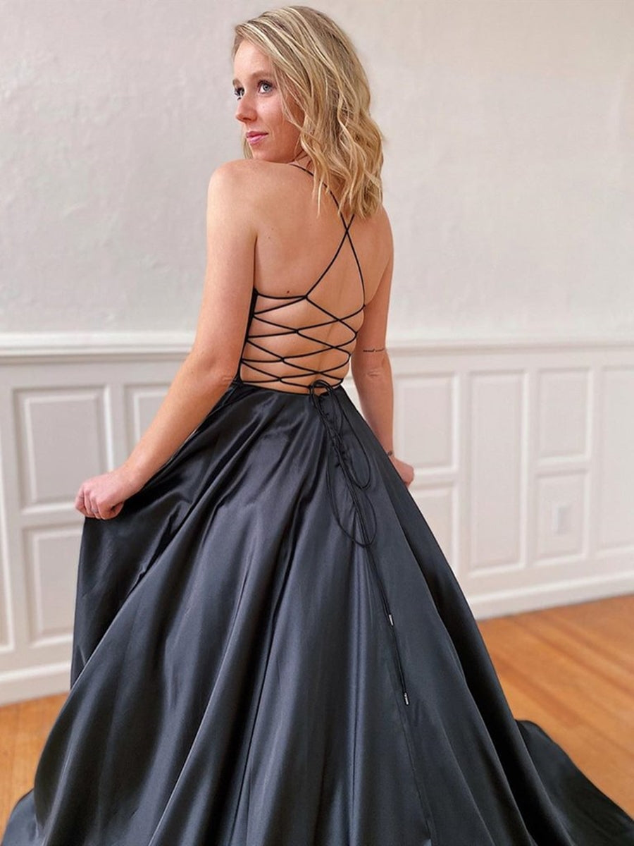 Langes rückenfreies A-Linien-Ballkleid aus Satin mit V-Ausschnitt und offenem Rücken