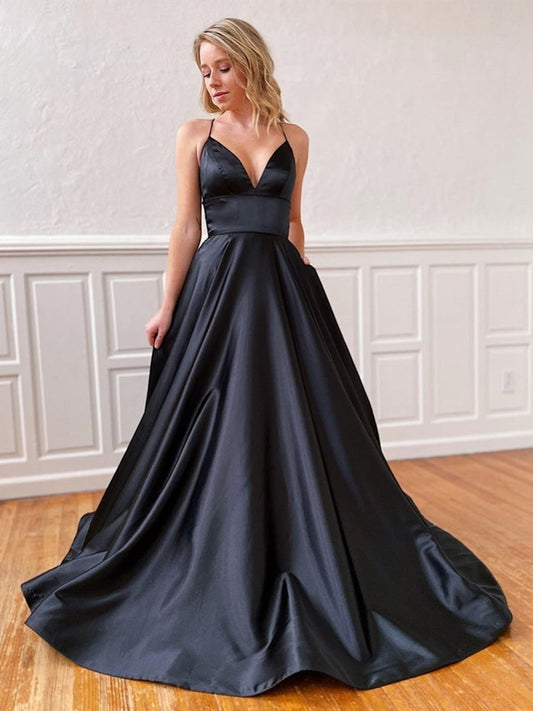 Langes rückenfreies A-Linien-Ballkleid aus Satin mit V-Ausschnitt und offenem Rücken
