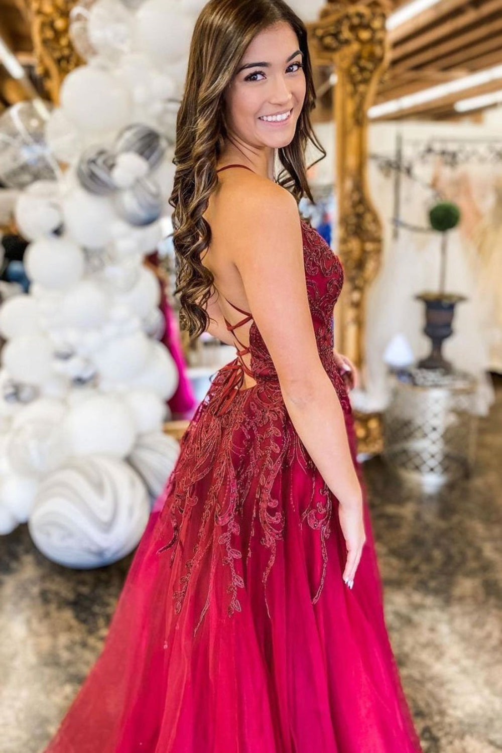 Vestido de noche formal de tul con escote en V, largo, sin espalda, con encaje y abertura