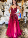 Vestido de noche formal de tul con escote en V, largo, sin espalda, con encaje y abertura