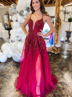 Vestido de noche formal de tul con escote en V, largo, sin espalda, con encaje y abertura