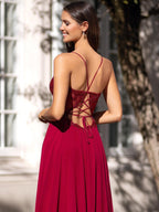 Long A-line V Neck Chiffon Backless Lace Prom Graduation Dresses with Slit