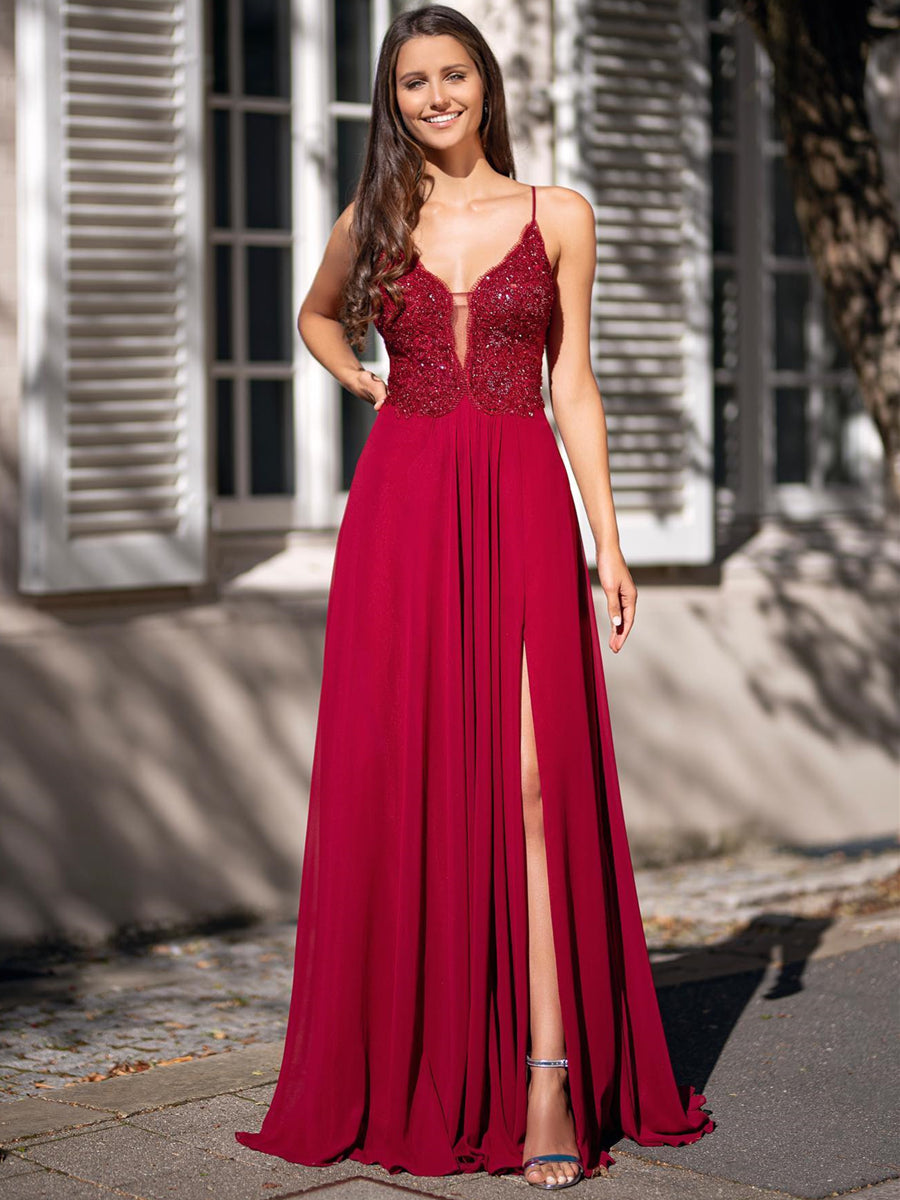 Long A-line V Neck Chiffon Backless Lace Prom Graduation Dresses with Slit
