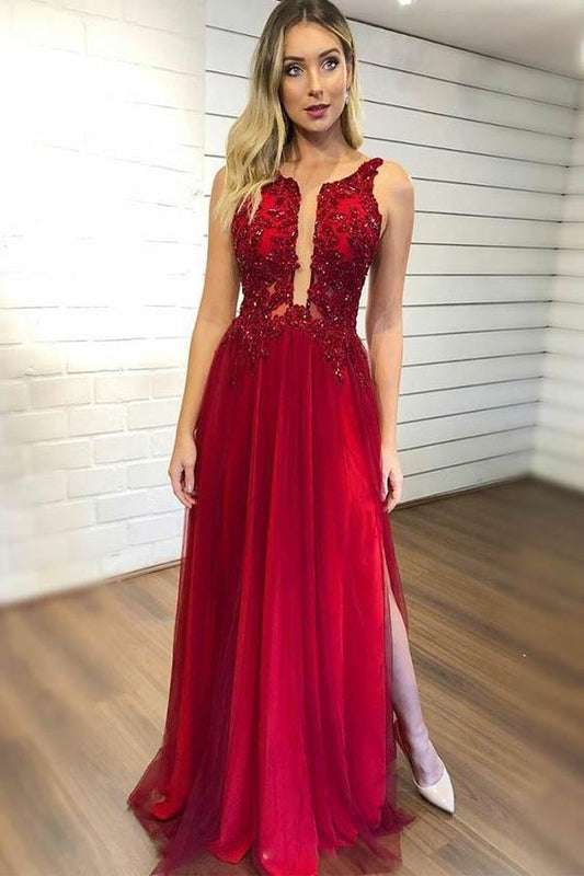 Langes A-Linien-Ballkleid mit V-Ausschnitt und Chiffon-Perlenbesatz in Rot mit Schlitz