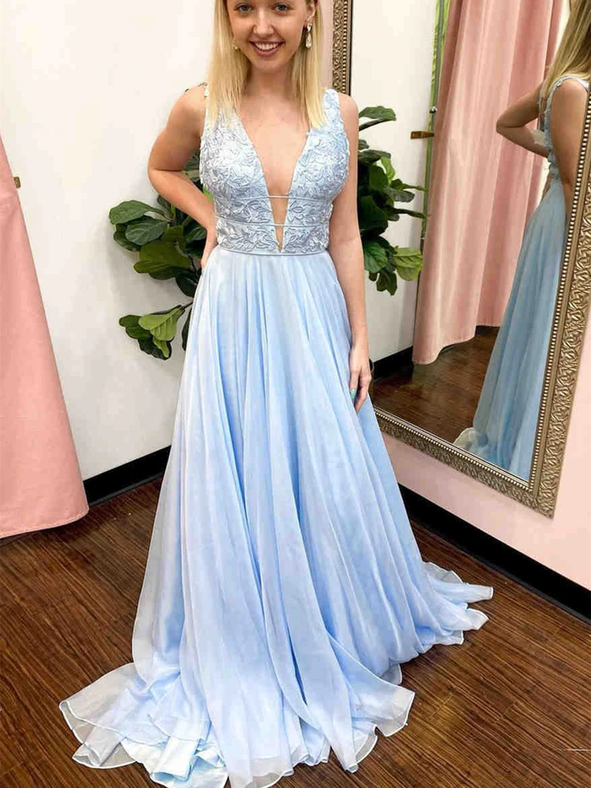 Langes A-Linien-Ballkleid mit V-Ausschnitt und Chiffon-Spitze, himmelblau, formelle Abschluss-Abendkleider