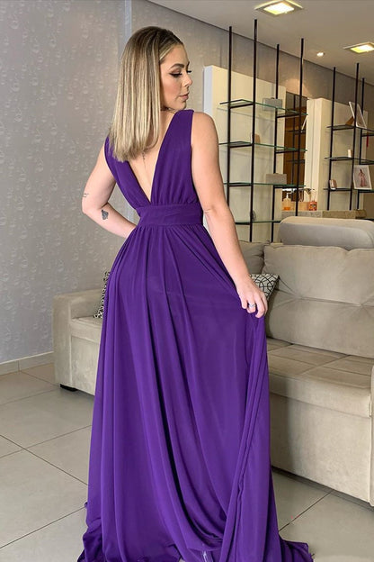 Vestido de fiesta largo de gasa con escote en V y corte A en morado, sin espalda, para noche formal