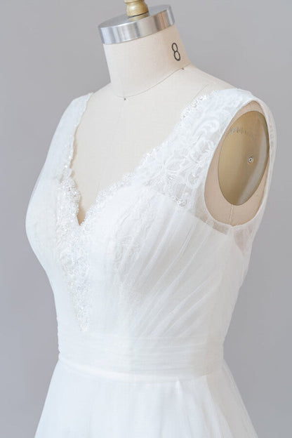 Long A-line V-neck Lace Tulle Backless Wedding Dress