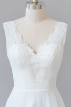 Long A-line V-neck Lace Tulle Backless Wedding Dress