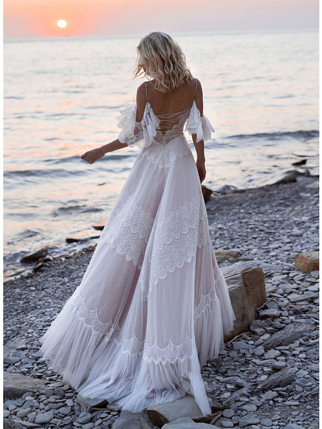 Long A-Line V Neck Lace Tulle Backless Wedding Dresses with Sleeves