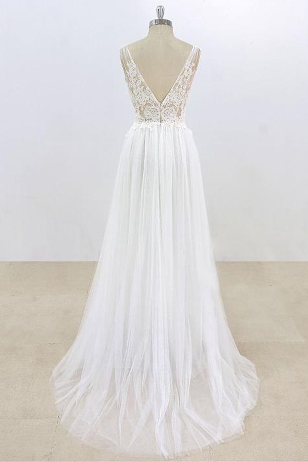 Long A-line V-neck Lace Tulle Open Back Wedding Dress