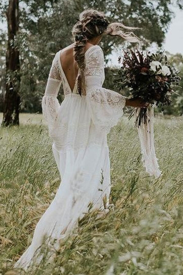 Long A-line V-neck Lace Tulle Wedding Dress with Sleeves