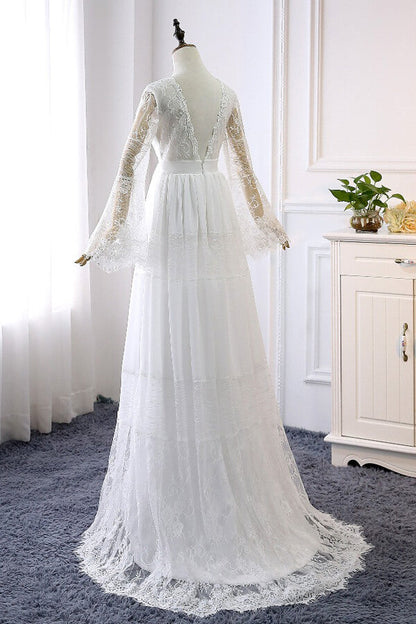 Long A-line V-neck Lace Tulle Wedding Dress with Sleeves