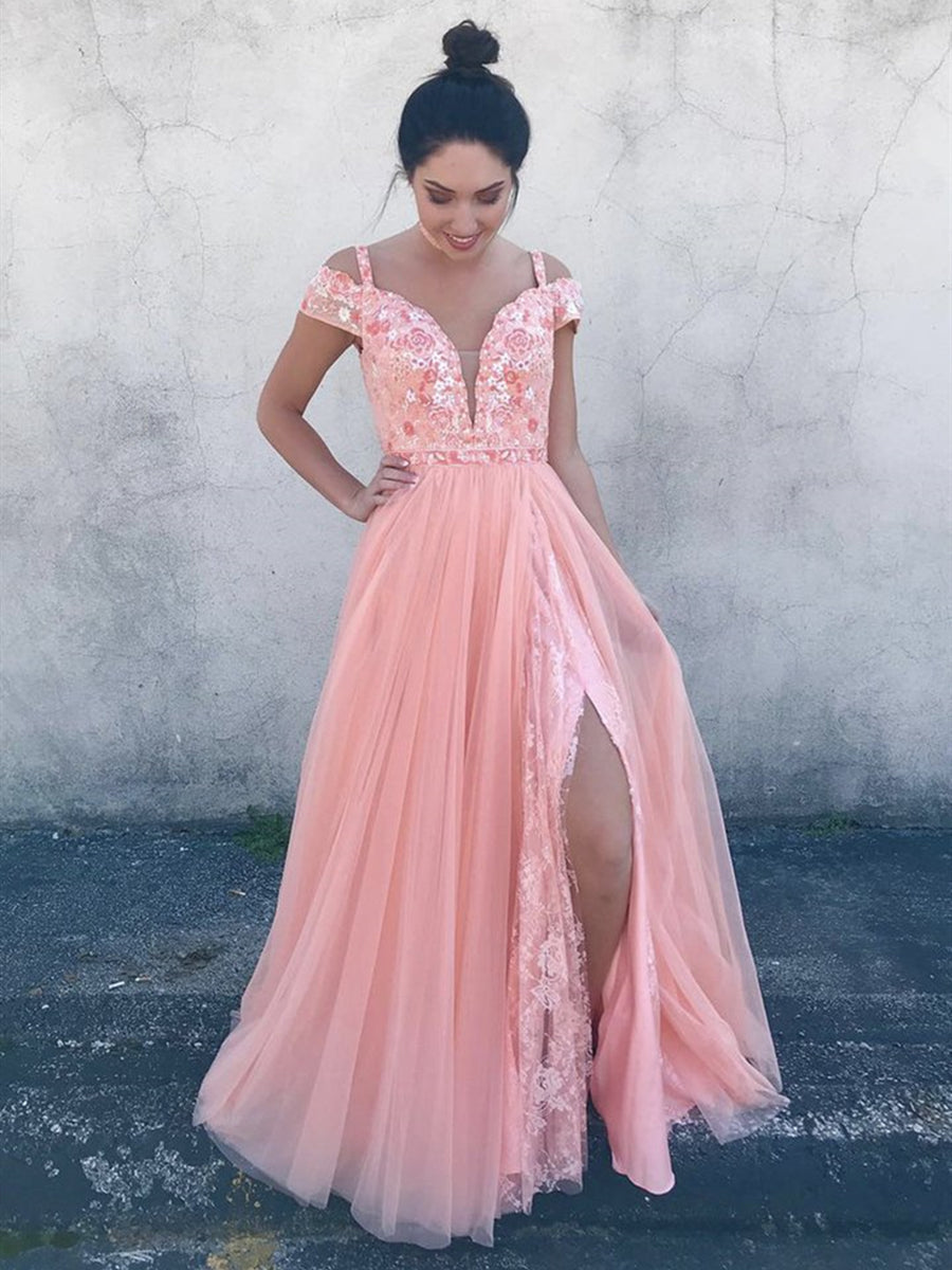 Langes A-Linien-Abendkleid mit V-Ausschnitt und schulterfreiem Tüll und Spitze, florales Abschlussballkleid mit Schlitz