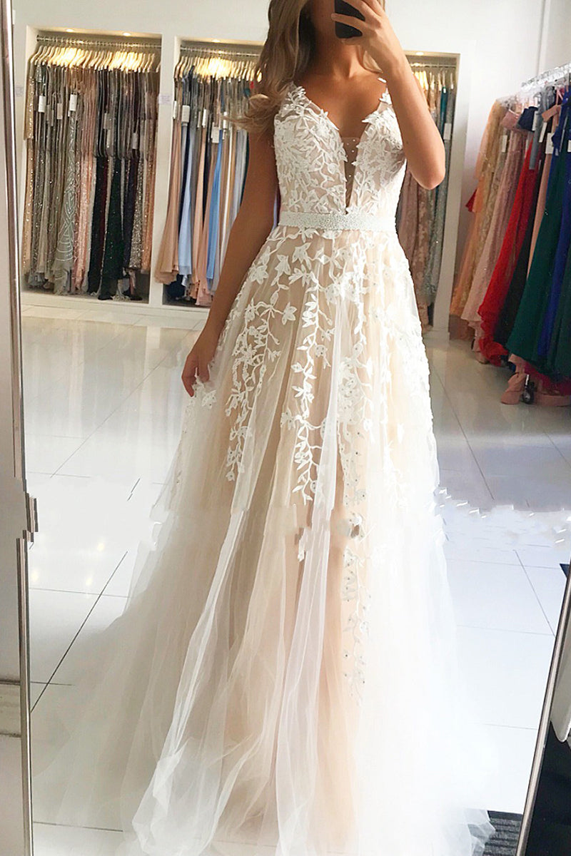Long A-Line V-neck Open Back Lace Tulle Prom Dress