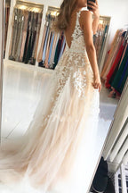 Long A-Line V-neck Open Back Lace Tulle Prom Dress