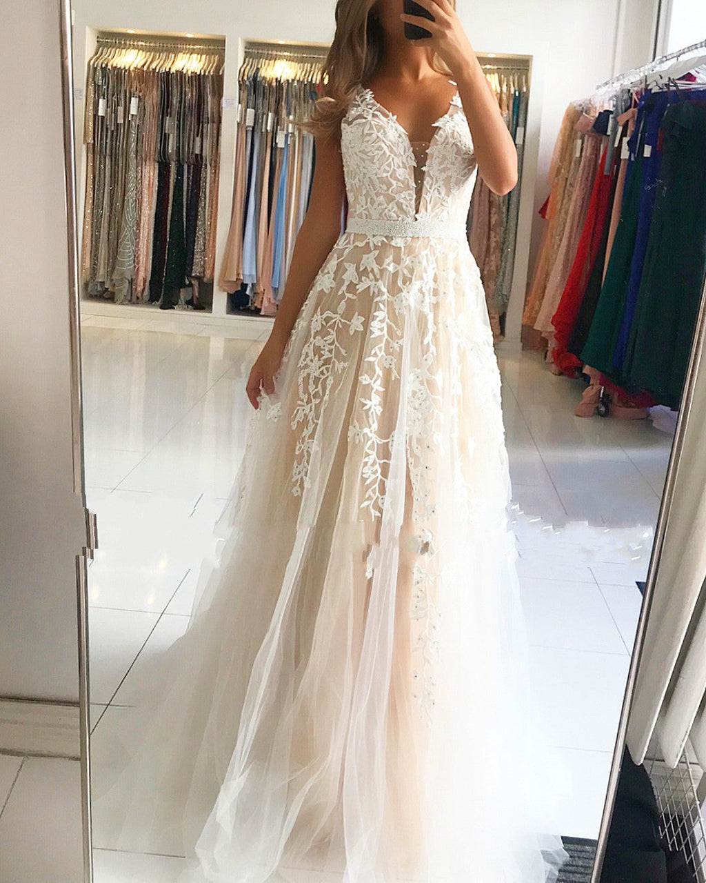 Long A-Line V-neck Open Back Lace Tulle Prom Dress