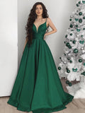 Vestidos de noche formales de fiesta largos de satén con escote en V y corte A sin espalda