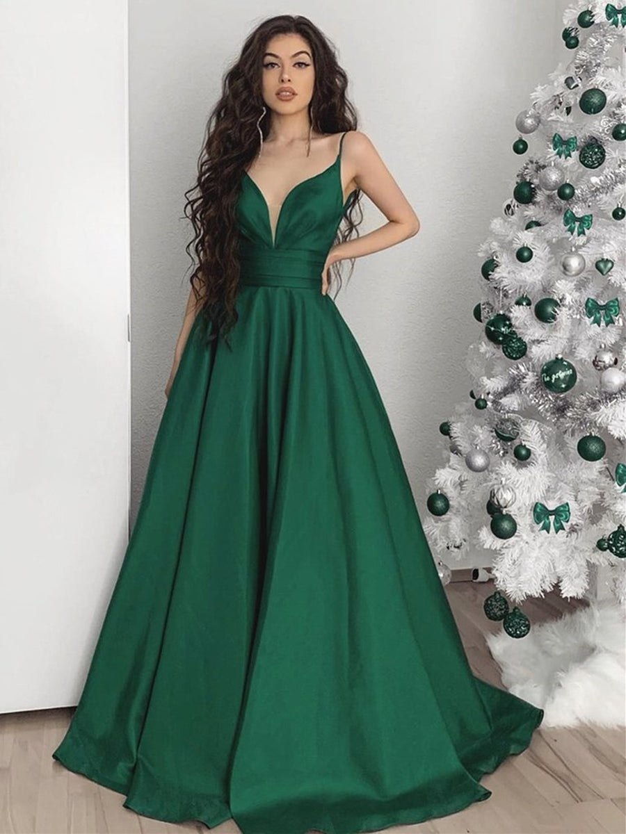 Vestidos de noche formales de fiesta largos de satén con escote en V y corte A sin espalda