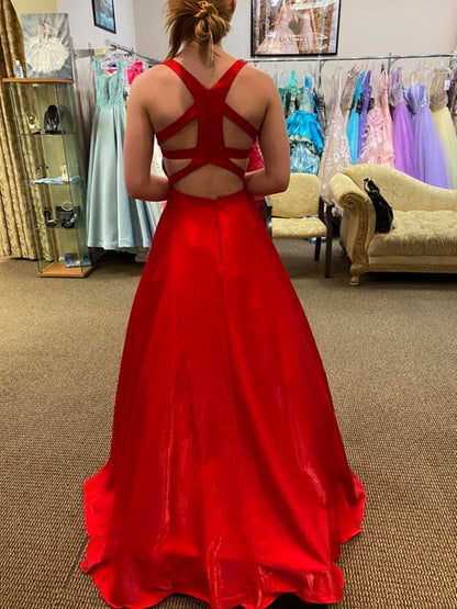 Vestidos de fiesta largos de satén con escote en V, espalda descubierta y bolsillos, vestidos de noche formales de graduación en rojo