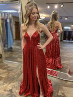 Vestido de fiesta largo en forma de A con escote en V, lentejuelas, espalda descubierta y abertura en color burdeos, vestidos formales de noche para graduación.