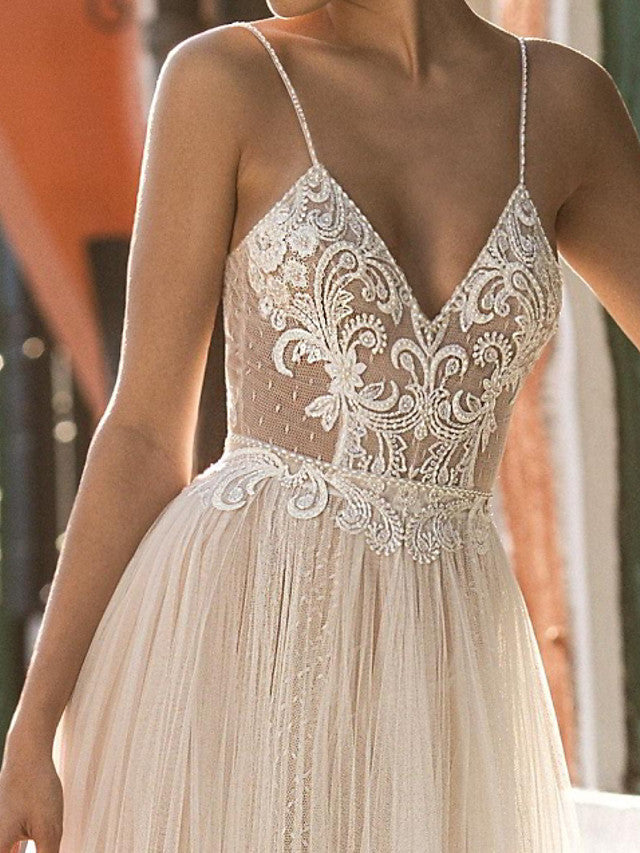 Long A-Line V-neck Spaghetti Strap Tulle Backless Wedding Dresses