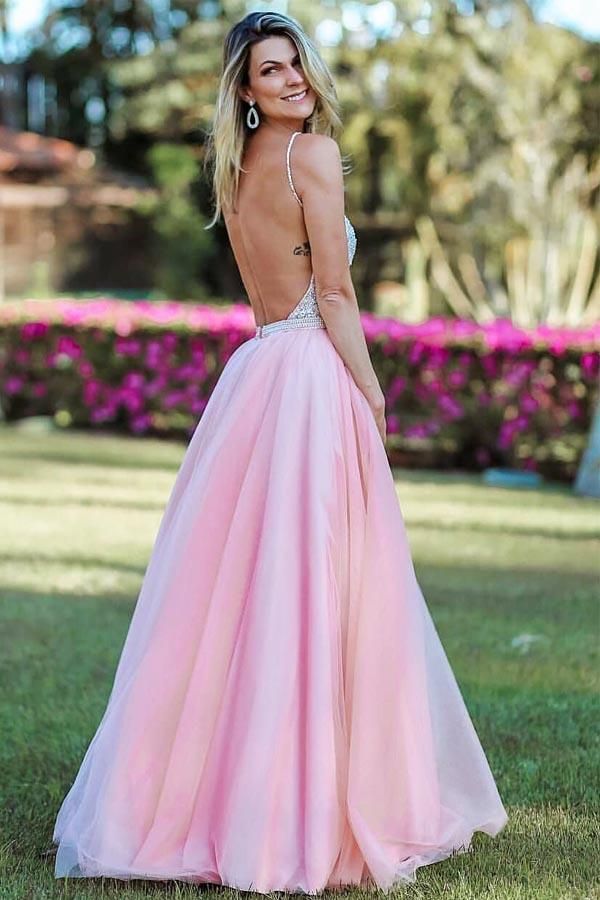 Vestido de fiesta largo con escote en V, tirantes finos y espalda abierta