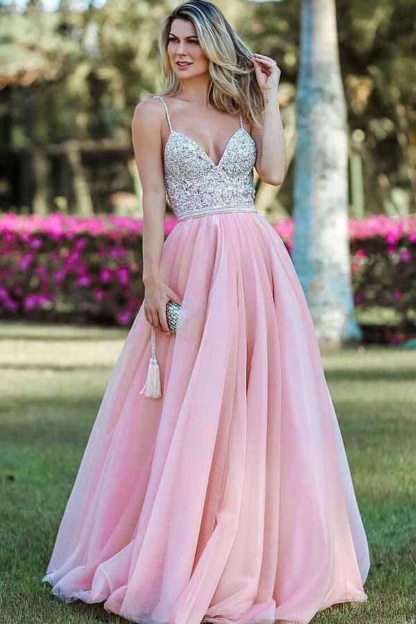 Vestido de fiesta largo con escote en V, tirantes finos y espalda abierta