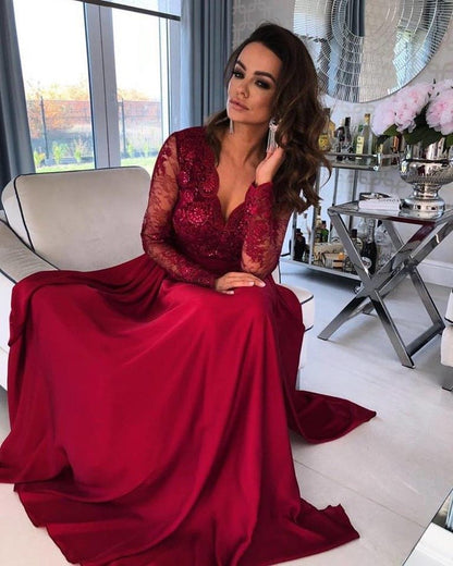 Long A-line V-neck Stretch Satin Long Sleeves Prom Dress with Slit