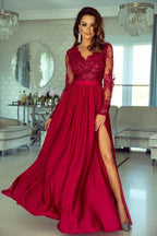 Langes A-Linien-Ballkleid aus Stretch-Satin mit V-Ausschnitt und langen Ärmeln und Schlitz