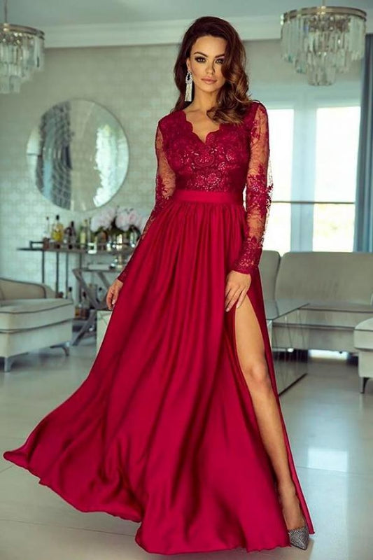 Langes A-Linien-Ballkleid aus Stretch-Satin mit V-Ausschnitt und langen Ärmeln und Schlitz
