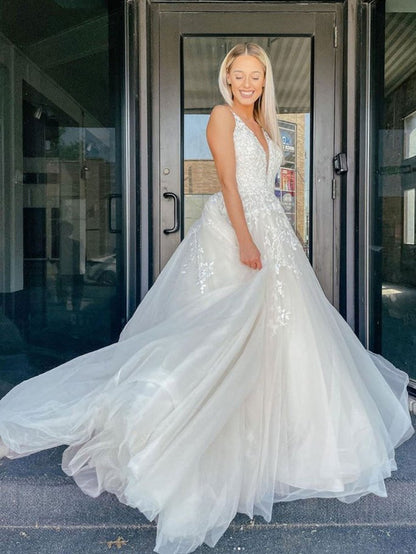 Langes A-Linien-Ballkleid mit V-Ausschnitt und Tüll-Blumenspitze, rückenfreies formelles Abendkleid