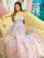 Langes, formelles Ballkleid in A-Linie mit V-Ausschnitt, Tüll, Schlitz vorne und Spitzenapplikationen