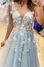 Langes A-Linien-Abschlussballkleid mit V-Ausschnitt und Tüllspitze und 3D-Blumen