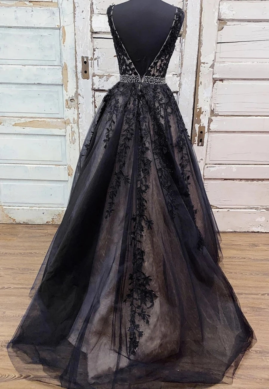 Vestidos de noche formales de fiesta largos con escote en V, tul, encaje y espalda descubierta