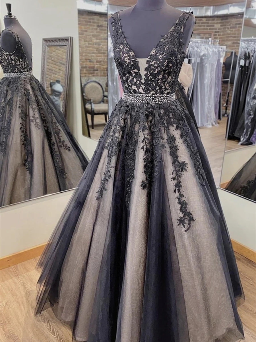 Vestidos de noche formales de fiesta largos con escote en V, tul, encaje y espalda descubierta