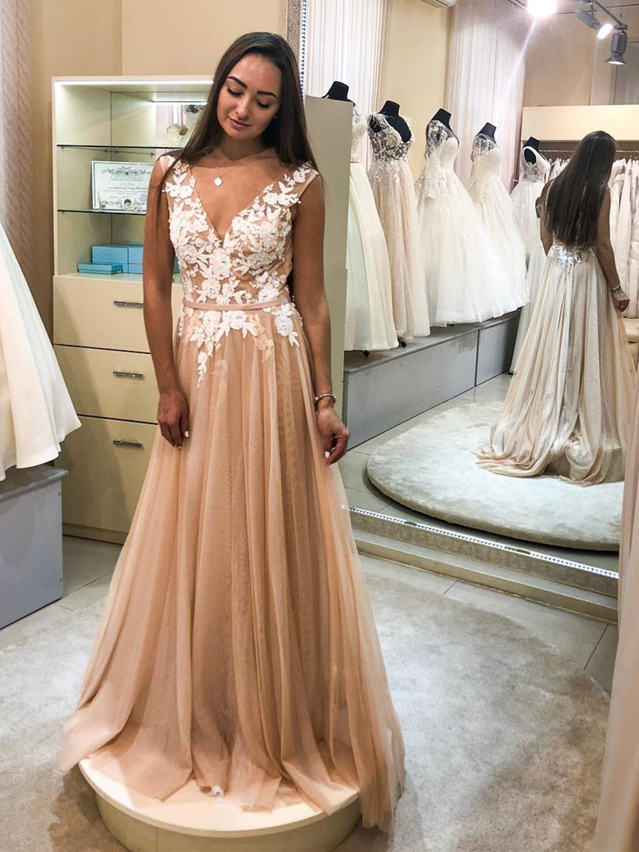 Langes A-Linien-Kleid mit V-Ausschnitt und Tüllspitze und Blumenmuster, formelle Abschlussballkleider