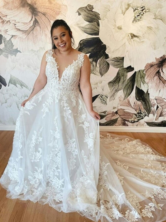 Langes A-Linien-Brautkleid mit V-Ausschnitt und offenem Rücken aus Tüllspitze in Weiß