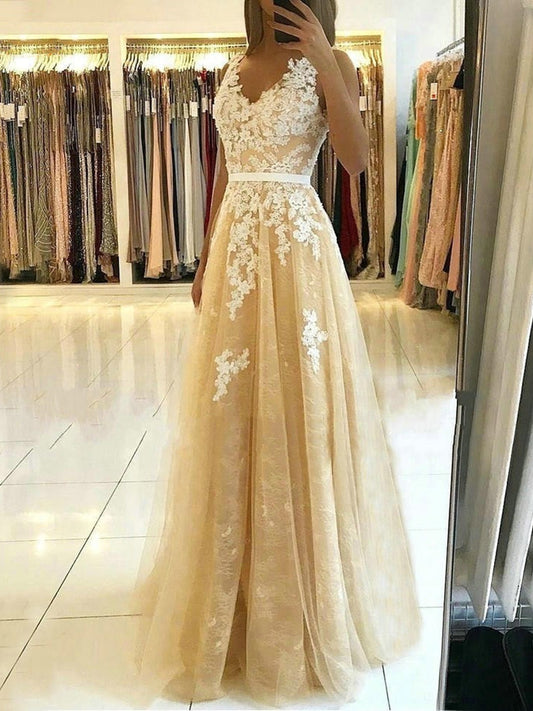 Vestido de fiesta largo de tul con escote en V y encaje en forma de A, color champán, sin espalda, formal, para graduación y noche.