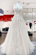 Langes A-Linien-Brautkleid mit V-Ausschnitt und ärmellosem Tüll und Spitzenapplikationen