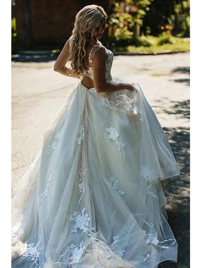 Long A-Line V Neck Tulle Spaghetti Strap Backless Wedding Dresses