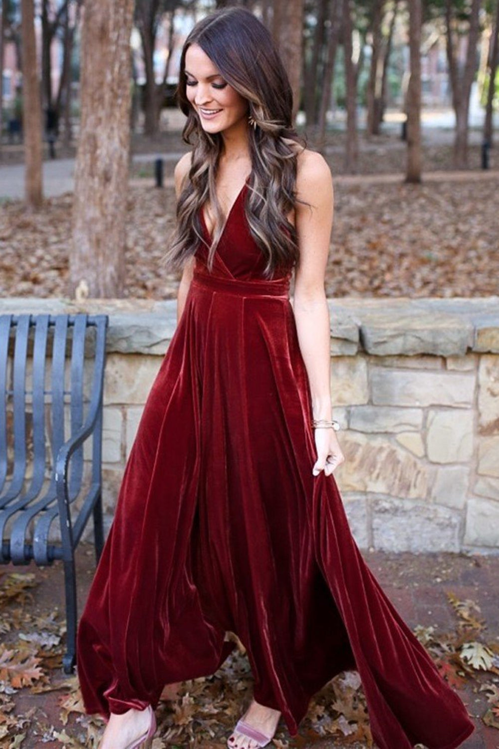 Long A-line V-neck Velvet Backless Formal Prom Dresses
