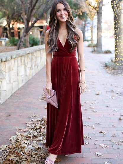 Long A-line V-neck Velvet Backless Formal Prom Dresses